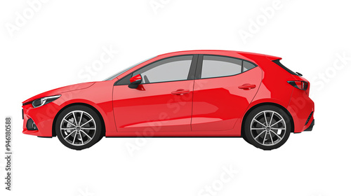 Side View Of Red Hatchback Car Mock Up isolated on transparent or white background