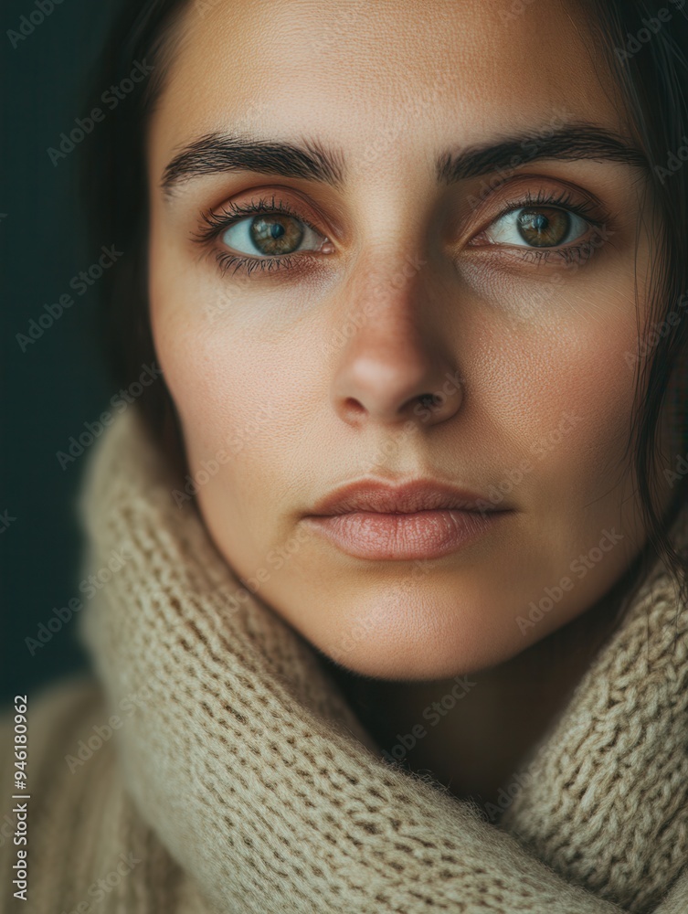 A woman with striking green eyes stares softly at the camera, wrapped in a warm scarf, highlighting her natural features and serene expression. Generative AI A woman with striking green eyes stares softly at the camera, wrapped in a warm scarf, highlighting her natural features and serene expression. Generative AI