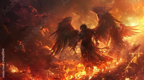 Fallen angels with tattered wings and dark auras, standing amidst the flames of the inferno, intense and powerful photo