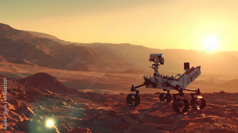 A Mars rover capturing a sunset, with the sun setting behind rugged hills, the landscape bathed in a warm, reddish light, and the sky showing faint blue tones A Mars rover capturing a sunset, with the sun setting behind rugged hills, the landscape bathed in a warm, reddish light, and the sky showing faint blue tones