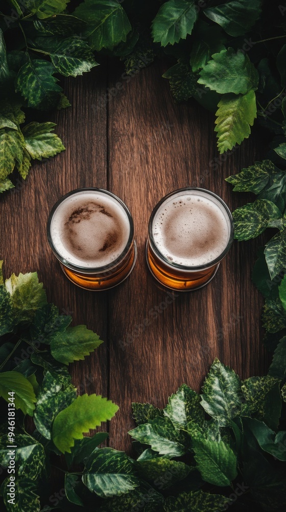 Two glasses of beer resting on wooden table with hops decoration