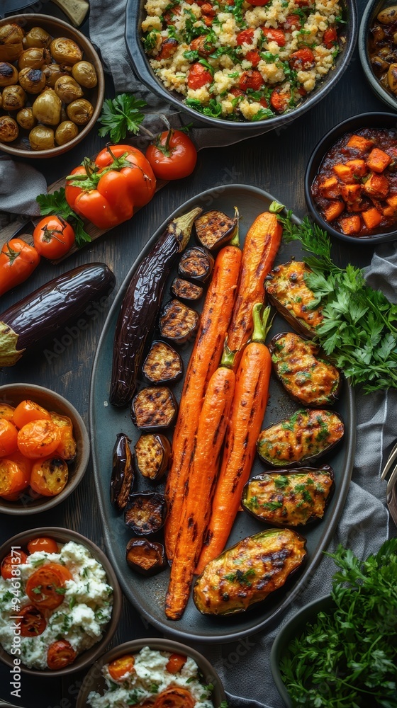 custom made wallpaper toronto digitalThis vibrant collection showcases an array of vegetable dishes arranged beautifully, highlighting grilled carrots, eggplant, and fresh herbs
