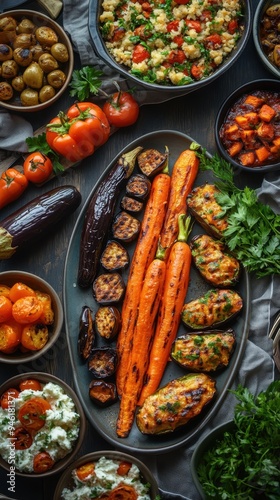 Wallpaper Mural This vibrant collection showcases an array of vegetable dishes arranged beautifully, highlighting grilled carrots, eggplant, and fresh herbs Torontodigital.ca