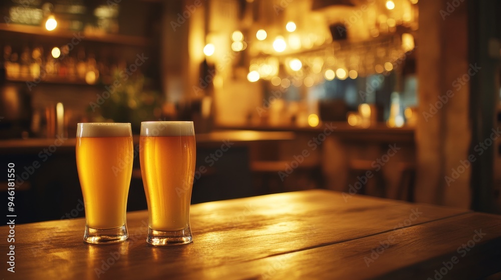 Two glasses of beer resting on a wooden table in a warmly lit bar Two glasses of beer resting on a wooden table in a warmly lit bar