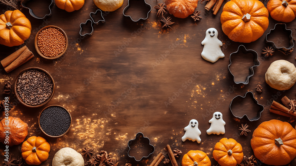 Halloween background with cookies, spices and pumpkins on wooden table Halloween background with cookies, spices and pumpkins on wooden table