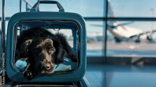 The dog in travel carrier photo