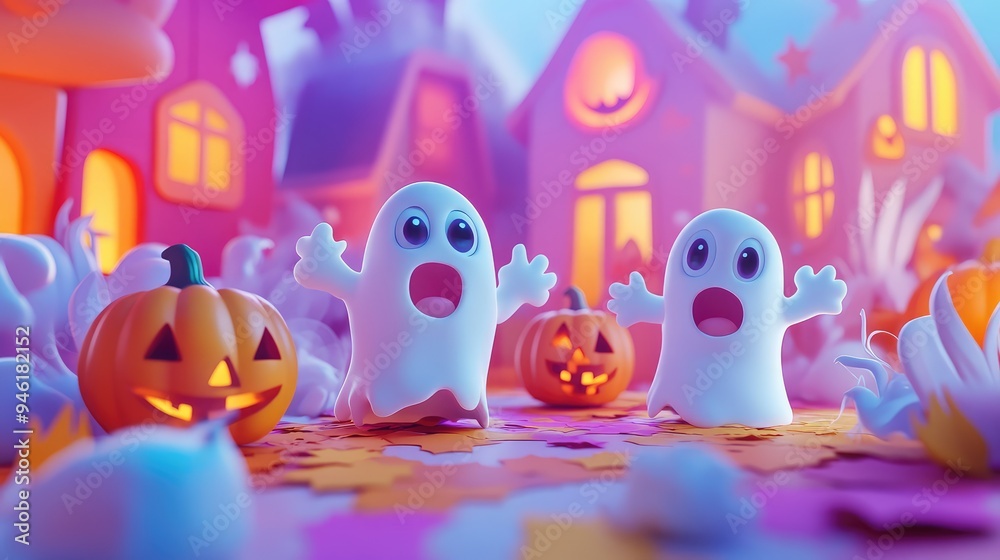 Neat 3D cartoon trick-or-treating scene with friendly ghosts, pumpkins, and a clean, abstract background. Neat 3D cartoon trick-or-treating scene with friendly ghosts, pumpkins, and a clean, abstract background.