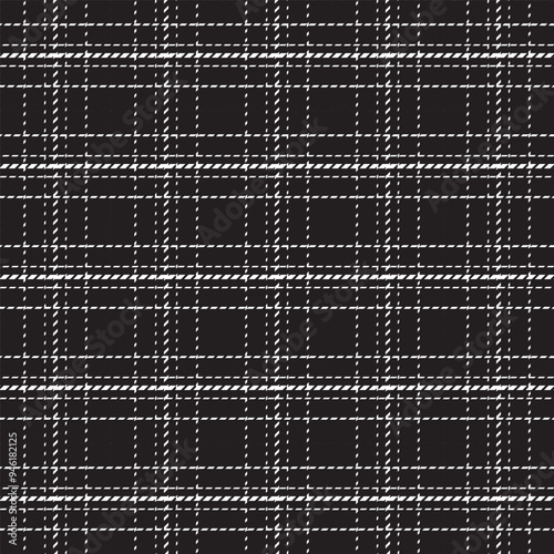 Plaid with twill weave repeat pattern..Gingham seamless pattern with stripes in black and white.Checkered tartan Geometric graphic vector illustration background. 