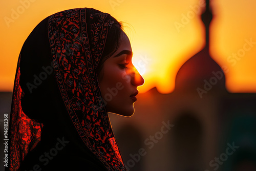 Silhouette of a Persian woman in national dress against the background of traditional Iranian architecture. Sunset
 photo