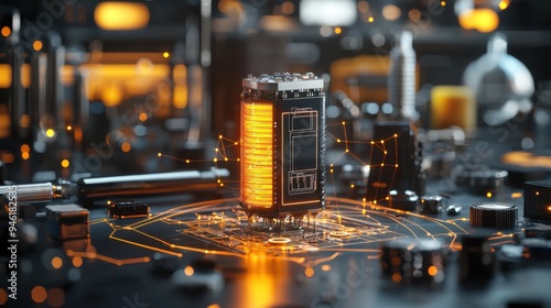 Top-down view of a miniature nuclear battery surrounded by scientific tools and equipment, with a focus on the small, complex structure and its power source. The background is a blurred lab