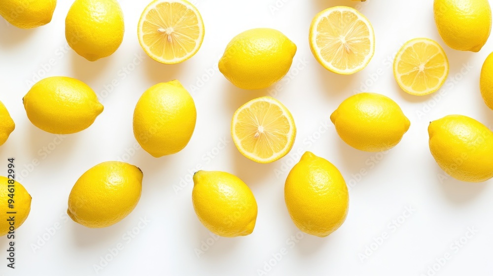 A flat lay of whole and halved lemons on a white background. A flat lay of whole and halved lemons on a white background.