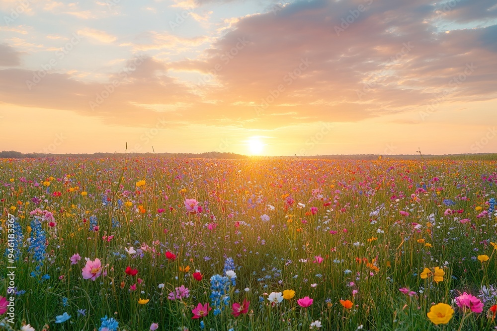 A field of wildflowers in various colors, stretching as far as the eye can see under a golden sunset A field of wildflowers in various colors, stretching as far as the eye can see under a golden sunset