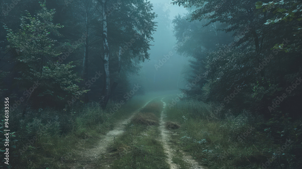 Obraz premium A forgotten road disappearing into a dense forest, with the remains of an old, abandoned village barely visible through the trees, shrouded in mist and mystery