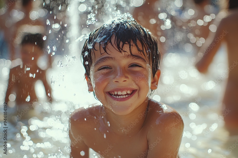 Fototapeta premium A group of children playing in a fountain on a hot summer day, laughing and splashing in the water
