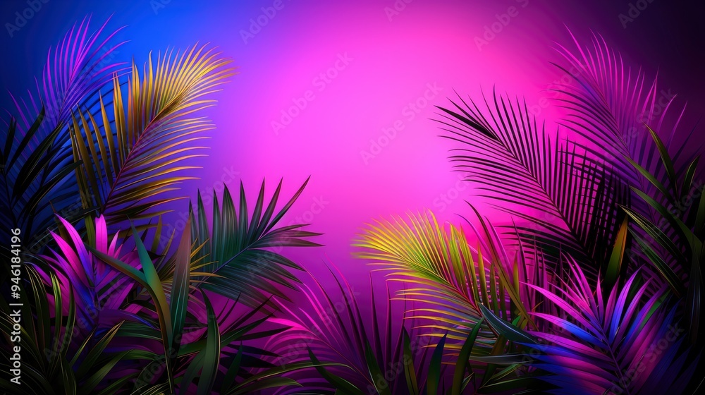 Tropical Palm Leaves with Neon Gradient Background Tropical Palm Leaves with Neon Gradient Background