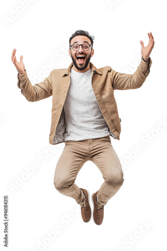 Excited Man Jumping with Arms Raised