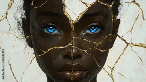 A surreal image of a young black woman's face with blue eyes, cracked and peeling paint (skin) in places