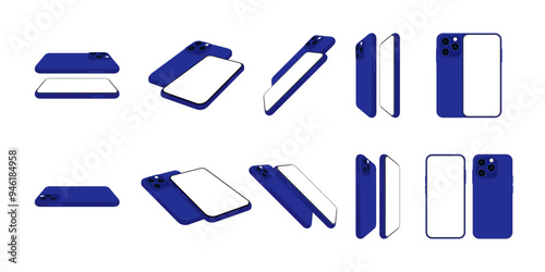 3D Smartphone Mockup. Multiple Angles and Screen. Front, perspective side view template. Vector.