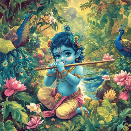 Cute Baby Krishna Playing Flute in Traditional Clothing, Depicting Hindu God Lord Krishna for Janmashtami and Govardhan Puja Celebrations