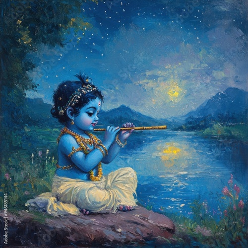 Cute Baby Krishna Playing Flute in Traditional Clothing, Depicting Hindu God Lord Krishna for Janmashtami and Govardhan Puja Celebrations