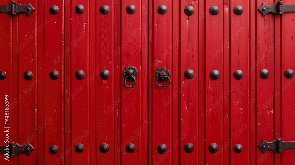 Fototapeta premium Red Wooden Door with Black Metal Knobs and Studs