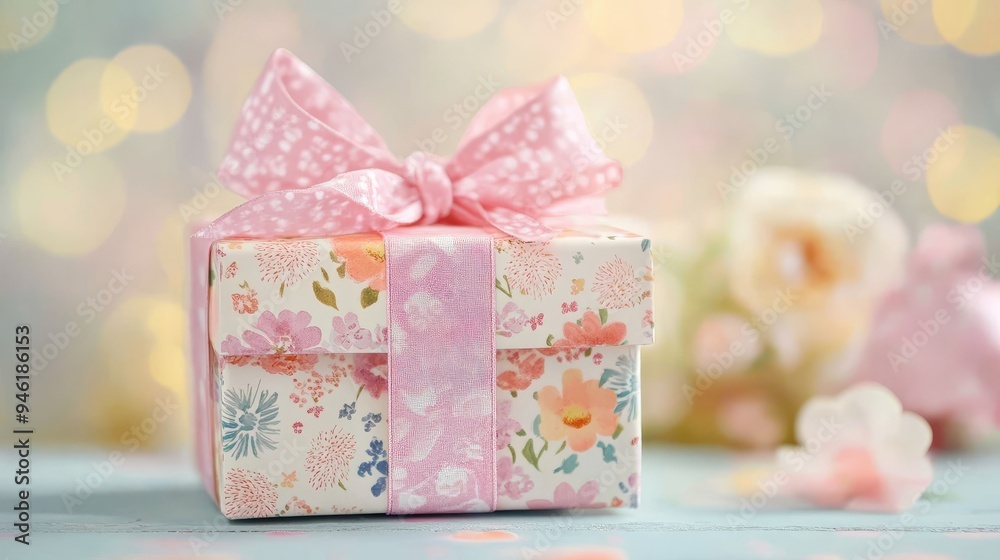 A beautifully decorated gift box with a floral pattern, set against a blurred pastel background, perfect for special occasions -