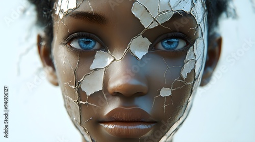 A surreal image of a young black woman's face with blue eyes, cracked and peeling paint (skin) in places