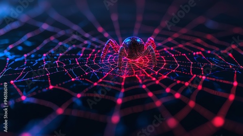 A 3D digital spider web with a search engine robot navigating it, symbolizing the web-crawling function of search engines photo