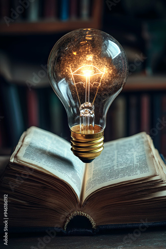 Glowing lightbulb over a book, Inspiring from read concept, Education knowledge and business education ideas, Innovations, self-learning, knowledge and searching for new ideas. Thinking for new idea
 photo