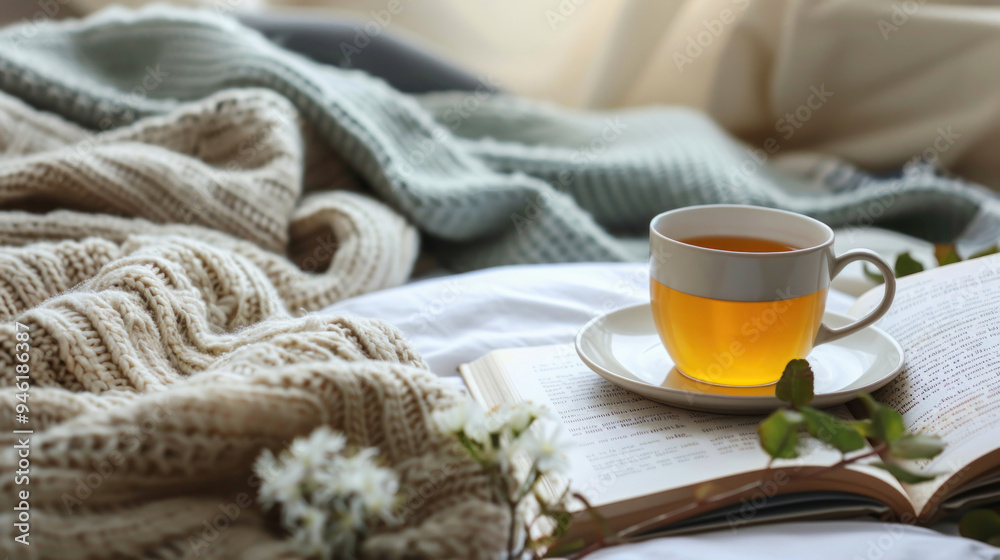 A peaceful morning scene of an adult sipping tea while reading a book, surrounded by natural light and cozy blankets, capturing the essence of a self-care morning routine A peaceful morning scene of an adult sipping tea while reading a book, surrounded by natural light and cozy blankets, capturing the essence of a self-care morning routine