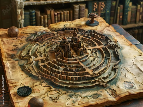 Miniature Model of a Medieval City on a Vintage Map.