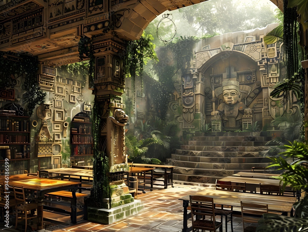 Ancient Ruins Courtyard with Tables and Chairs.