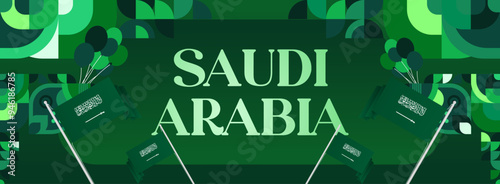 Saudi Arabia National Independence Day wide banner. Modern geometric abstract background in colorful style for Saudi Arabian holiday. Saudi Arabia National Day greeting card design with country flag.