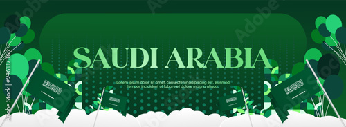 Saudi Arabia National Independence Day wide banner. Modern geometric abstract background in colorful style for Saudi Arabian holiday. Saudi Arabia National Day greeting card design with country flag.