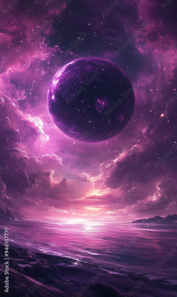 Obraz premium A surreal cosmic landscape featuring a massive, dark purple planet hovering above an ethereal ocean.