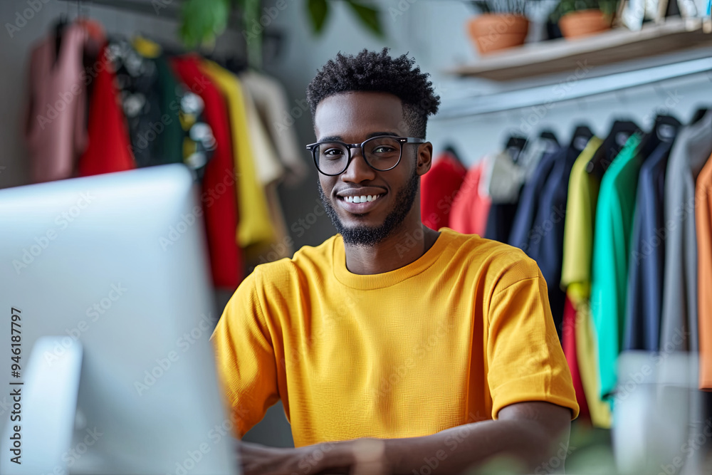 Young man buying clothing online and running blog

