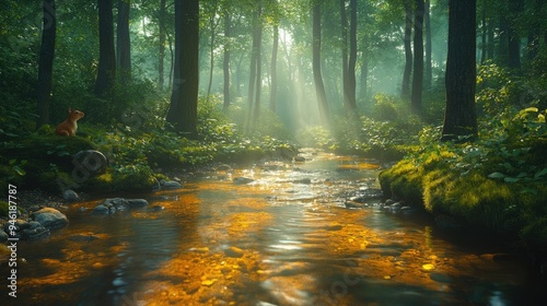 Quiet, tranquil stream in a misty forest, small fish swimming in the clear water, squirrels playing in the trees, soft light creating a magical atmosphere