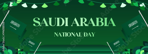Saudi Arabia National Independence Day wide banner. Modern geometric abstract background in colorful style for Saudi Arabian holiday. Saudi Arabia National Day greeting card design with country flag.