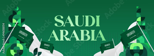 Saudi Arabia National Independence Day wide banner. Modern geometric abstract background in colorful style for Saudi Arabian holiday. Saudi Arabia National Day greeting card design with country flag.