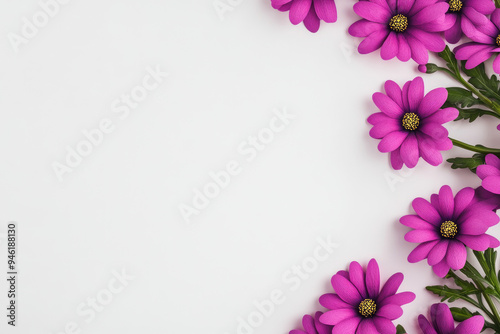 Vibrant pink flowers adorn a minimalist white background, creating a cheerful and fresh atmosphere, perfect for springtime celebrations or floral-themed designs.