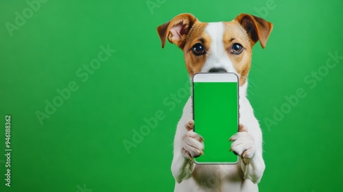 Jack russel dog holding smartphone with green screen on green background, mockup