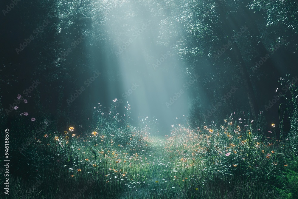 A mystical, enchanted forest with glowing plants and a faint, magical mist hovering above the ground A mystical, enchanted forest with glowing plants and a faint, magical mist hovering above the ground
