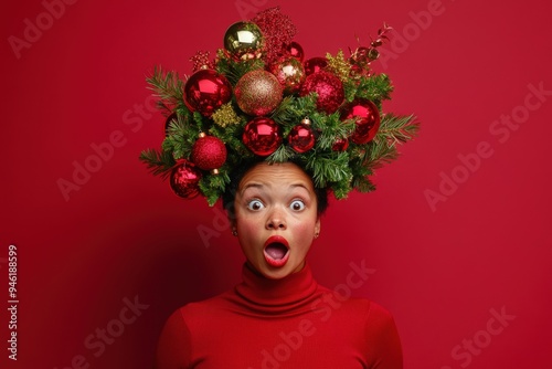 A woman with a Christmas tree on her head.
