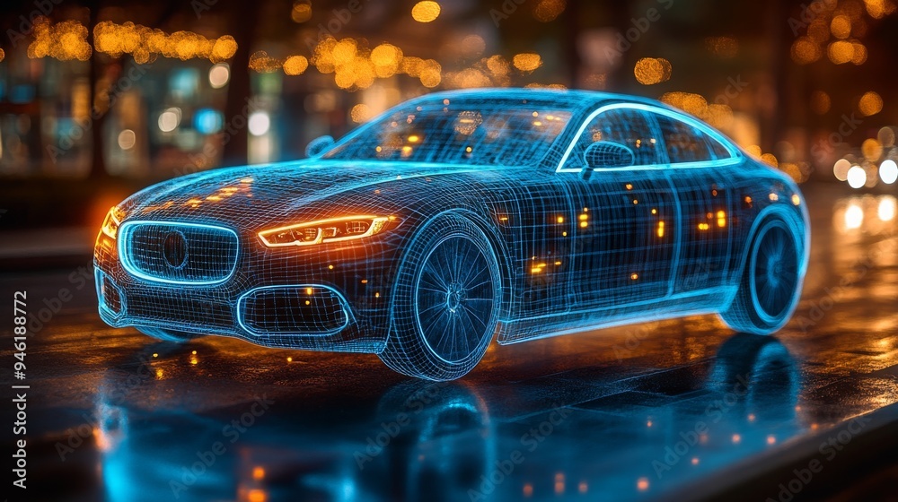 Fototapeta premium A glowing holographic interface depicting a car is showcased on a lively street at night, illustrating advanced management and booking functionalities.