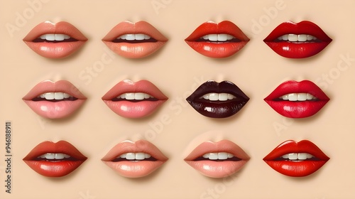 A collection of beautiful female lips in red-pink shades for your creative tasks