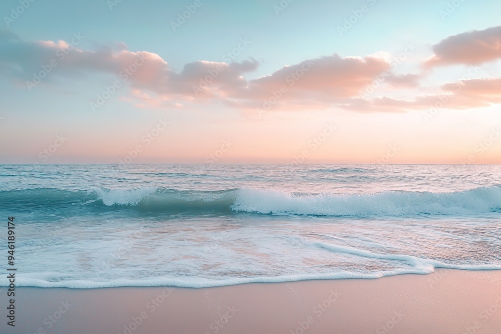 A peaceful beach at dusk, with the sky painted in soft pastel colors and the waves gently rolling in A peaceful beach at dusk, with the sky painted in soft pastel colors and the waves gently rolling in