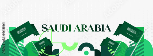 Saudi Arabia National Independence Day wide banner. Modern geometric abstract background in colorful style for Saudi Arabian holiday. Saudi Arabia National Day greeting card design with country flag.