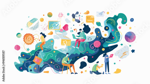 Surfing the Internet Space: Mixed Media Flat Vector