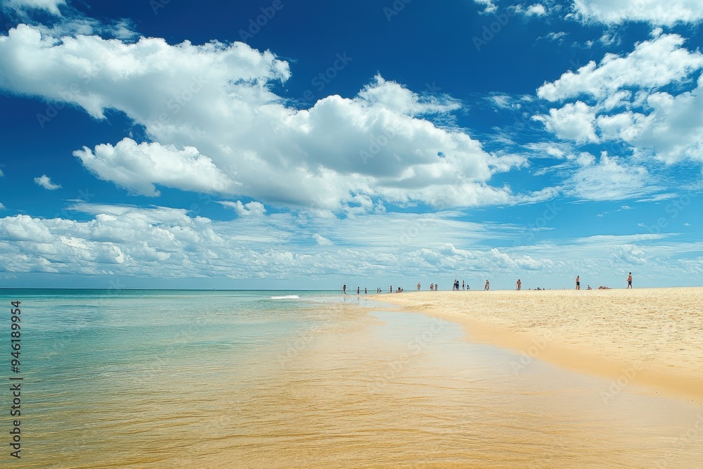 People on a beach with a clear blue sky