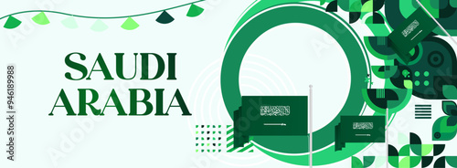 Saudi Arabia National Independence Day wide banner. Modern geometric abstract background in colorful style for Saudi Arabian holiday. Saudi Arabia National Day greeting card design with country flag.